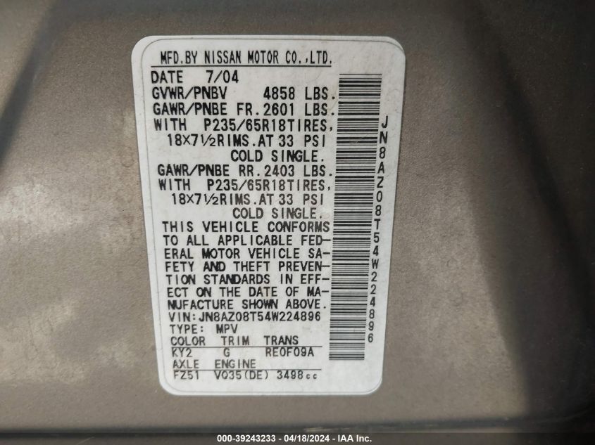 2004 Nissan Murano Sl VIN: JN8AZ08T54W224896 Lot: 39243233