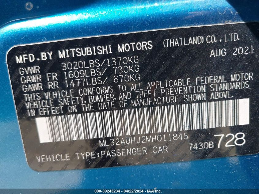 2021 Mitsubishi Mirage Carbonite Edition/Es/Le VIN: ML32AUHJ2MH011845 Lot: 39243234