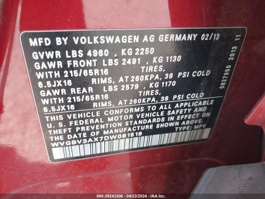 2013 Volkswagen Tiguan S VIN: WVGBV3AX7DW081519 Lot: 39243306