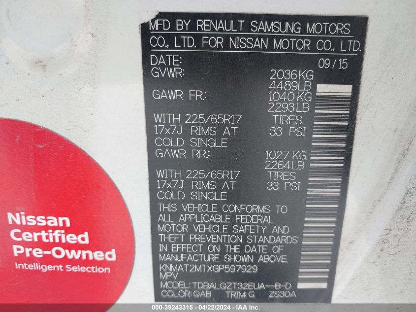 2016 Nissan Rogue Sv VIN: KNMAT2MTXGP597929 Lot: 39243315