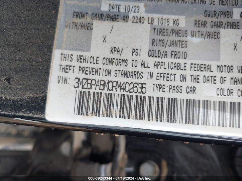 2024 Mazda Mazda3 2.5 S Select Sport VIN: 3MZBPABM0RM402635 Lot: 39243344