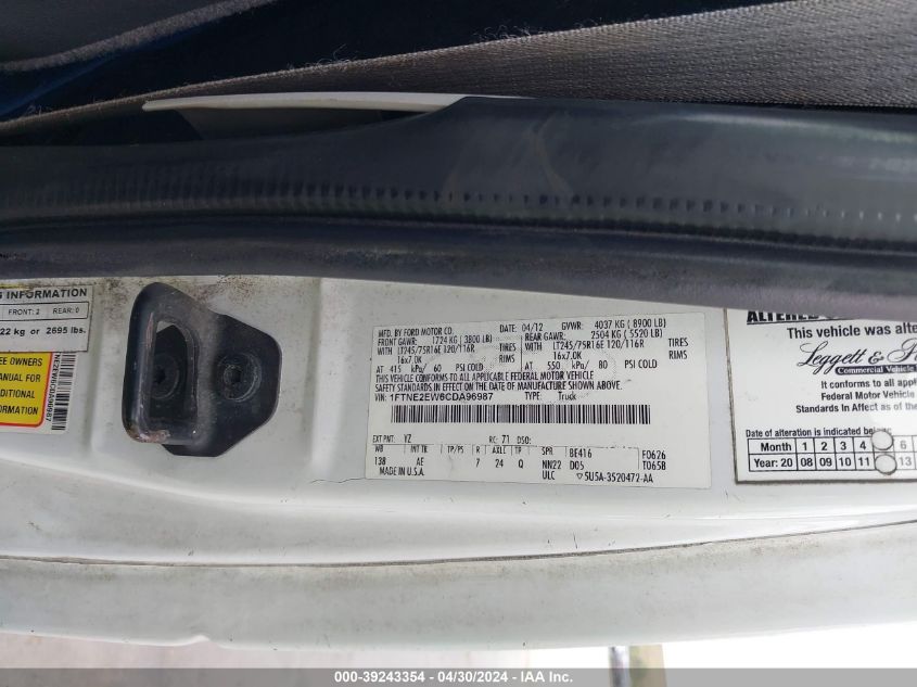 2012 Ford E-250 Commercial VIN: 1FTNE2EW6CDA96987 Lot: 43427594