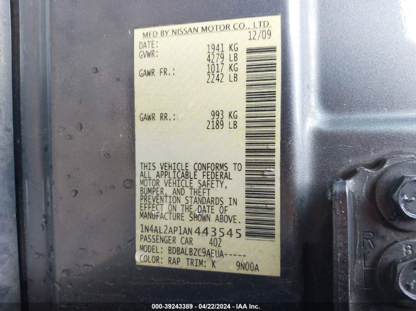 2010 Nissan Altima 2.5 S VIN: 1N4AL2AP1AN443545 Lot: 39243389