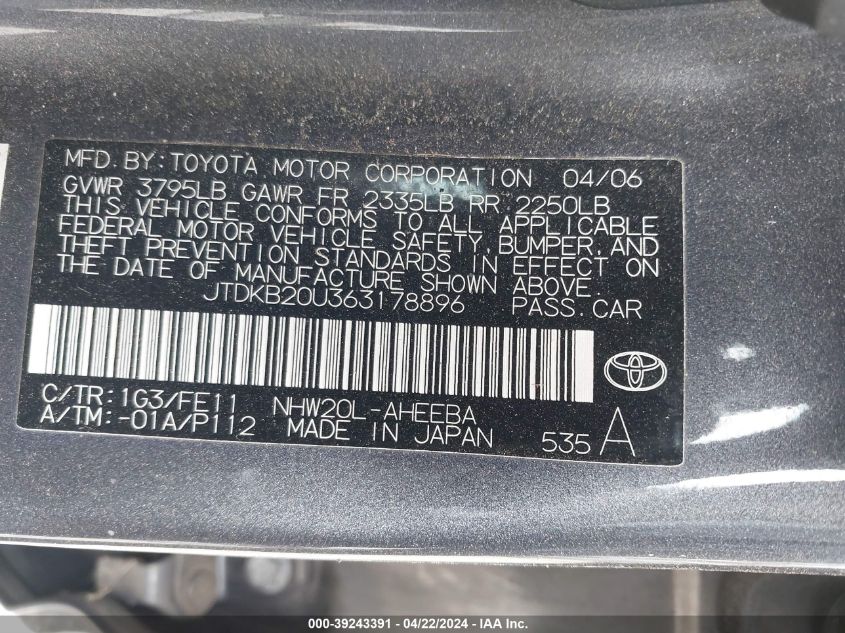 2006 Toyota Prius VIN: JTDKB20U363178896 Lot: 39243391