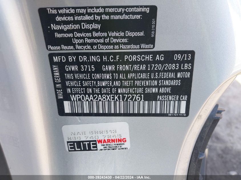 2014 PORSCHE CAYMAN - WP0AA2A8XEK172761