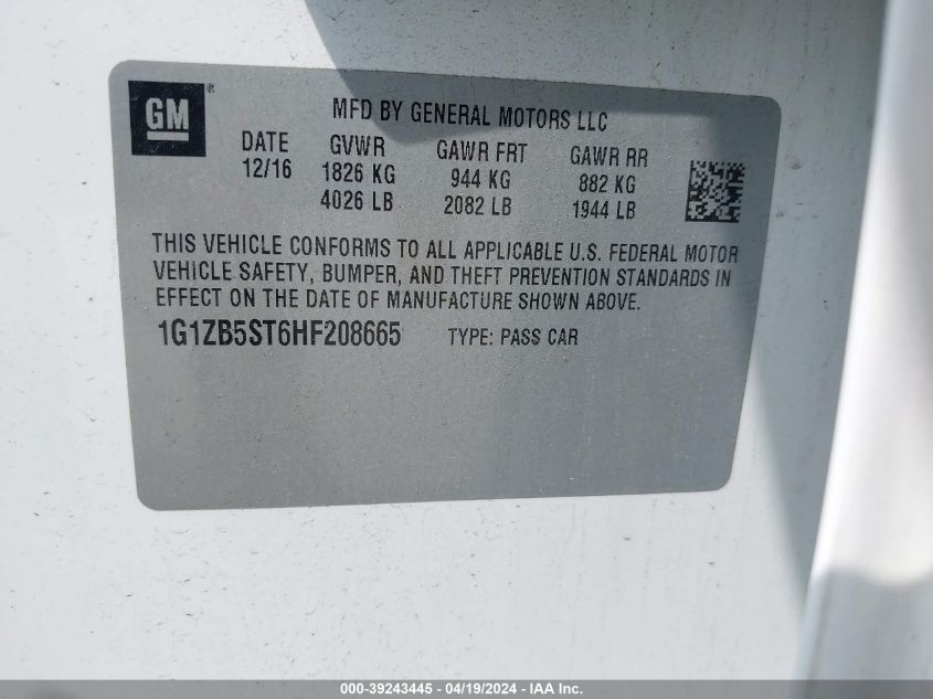 2017 Chevrolet Malibu Ls VIN: 1G1ZB5ST6HF208665 Lot: 39243445