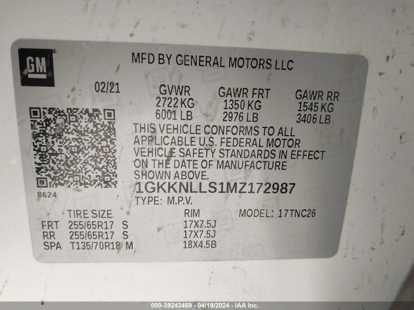 2021 GMC Acadia Awd At4 VIN: 1GKKNLLS1MZ172987 Lot: 39243469