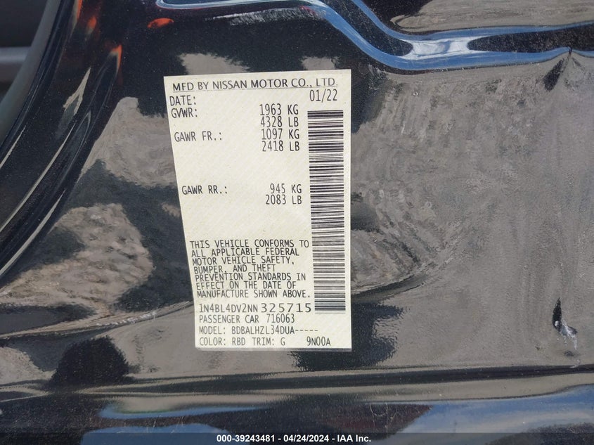 2022 NISSAN ALTIMA 2.5L I4   N(VIN: 1N4BL4DV2NN325715