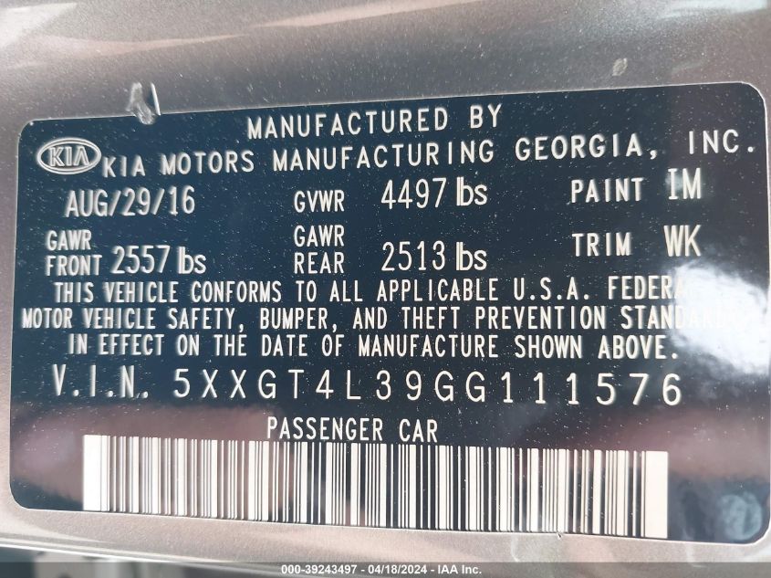 2016 Kia Optima Lx VIN: 5XXGT4L39GG111576 Lot: 39243497