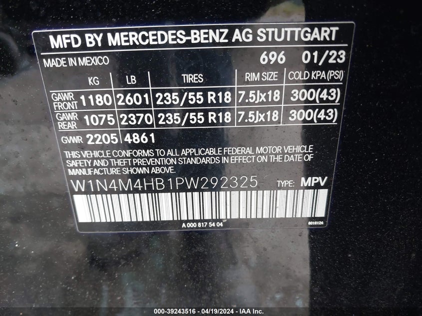 2023 MERCEDES-BENZ GLB 250 4MATIC VIN: W1N4M4HB1PW292325
