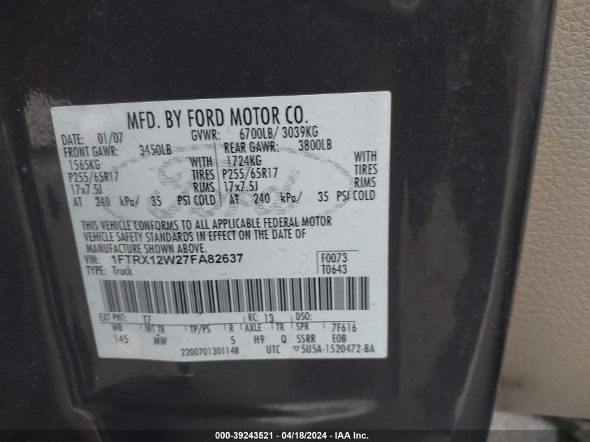 1FTRX12W27FA82637 | 2007 FORD F-150