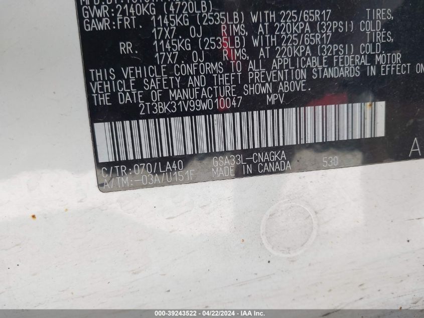 2009 Toyota Rav4 Limited V6 VIN: 2T3BK31V99W010047 Lot: 39243522