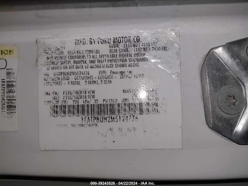 2021 Ford Mustang Ecoboost Premium VIN: 1FATP8UH2M5124776 Lot: 39243526