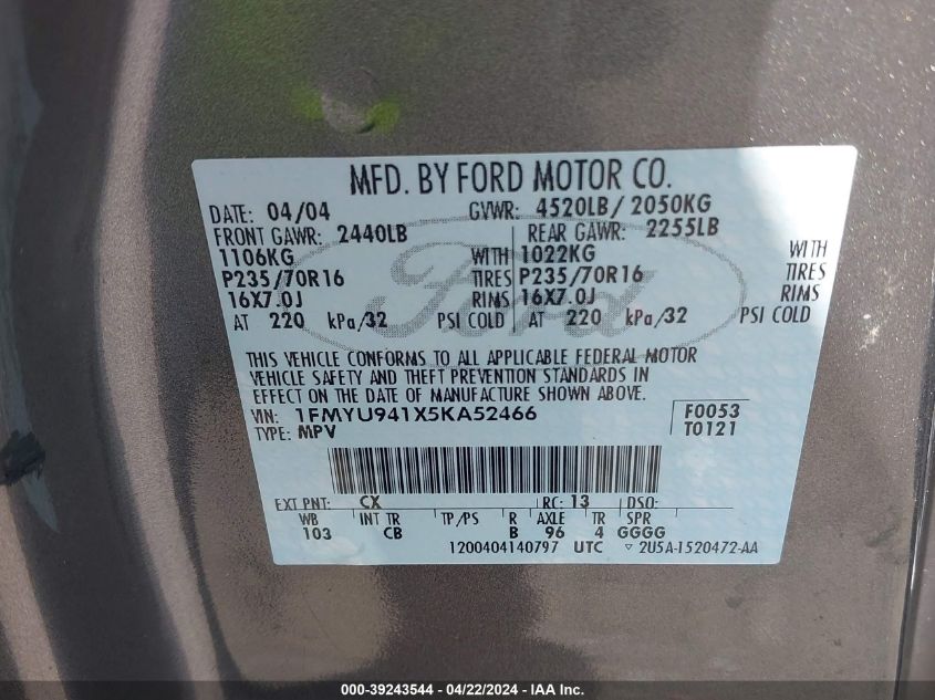 2005 Ford Escape Limited VIN: 1FMYU941X5KA52466 Lot: 39243544