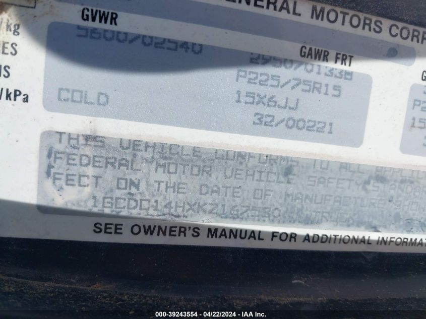 1989 Chevrolet Gmt-400 C1500 VIN: 1GCDC14HXKZ167530 Lot: 39243554