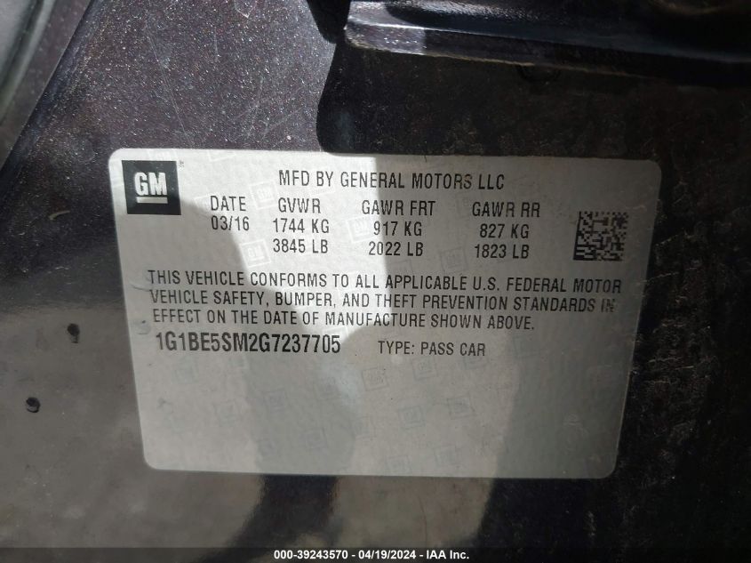2016 Chevrolet Cruze Lt Auto VIN: 1G1BE5SM2G7237705 Lot: 39243570