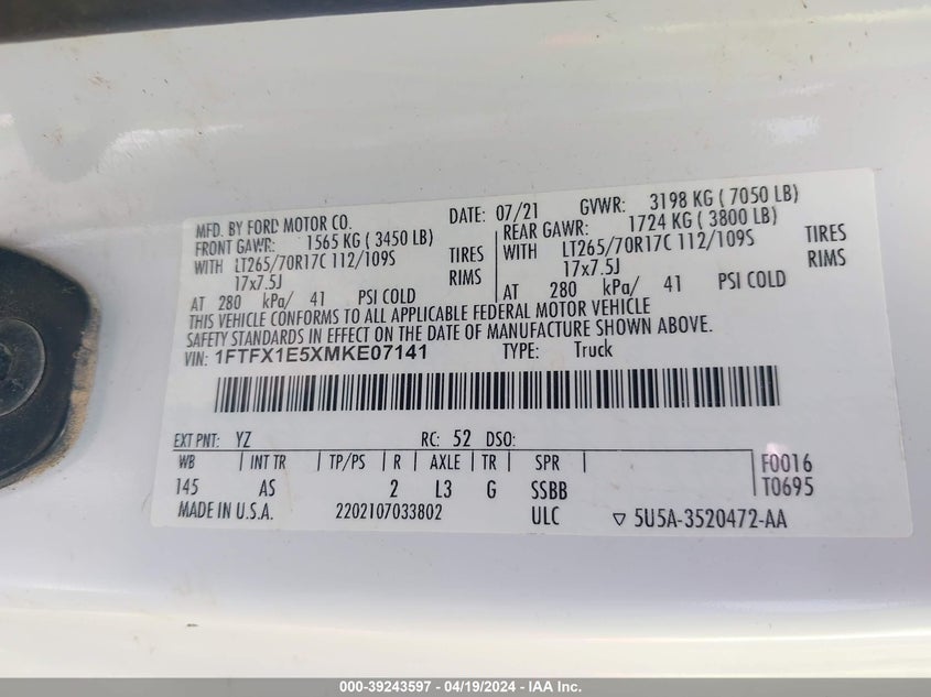 VIN 1FTFX1E5XMKE07141 2021 FORD F-150 XL
