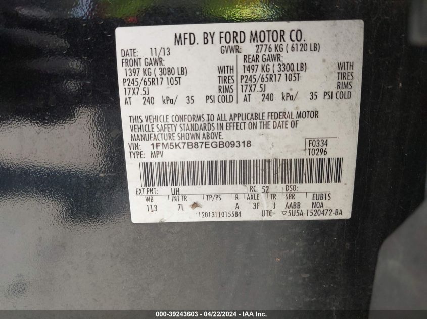 2014 Ford Explorer VIN: 1FM5K7B87EGB09318 Lot: 39243603