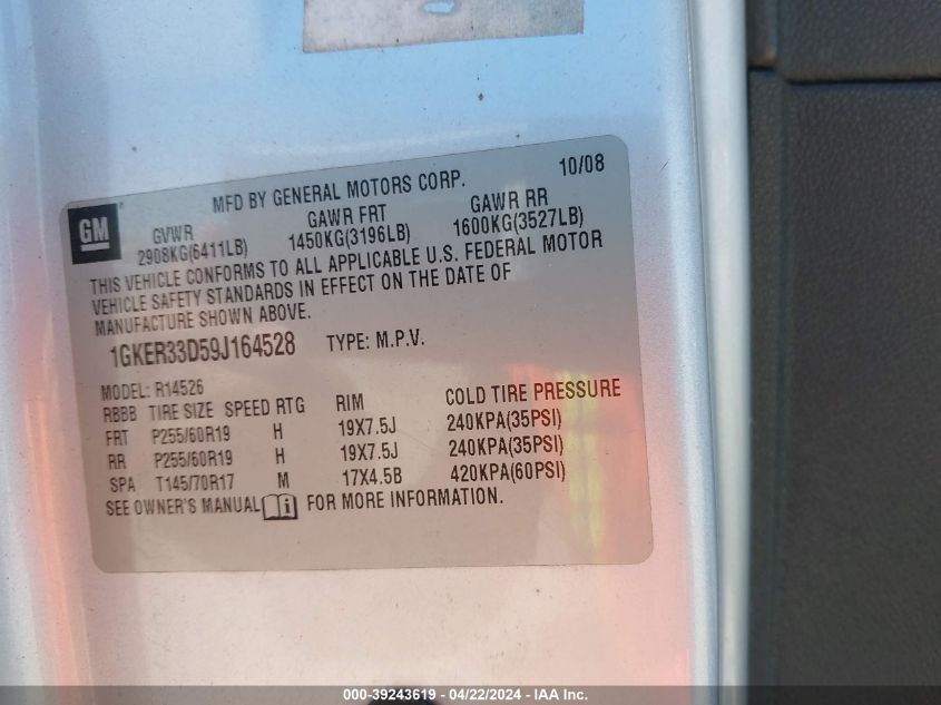 2009 GMC Acadia Slt-2 VIN: 1GKER33D59J164528 Lot: 39243619