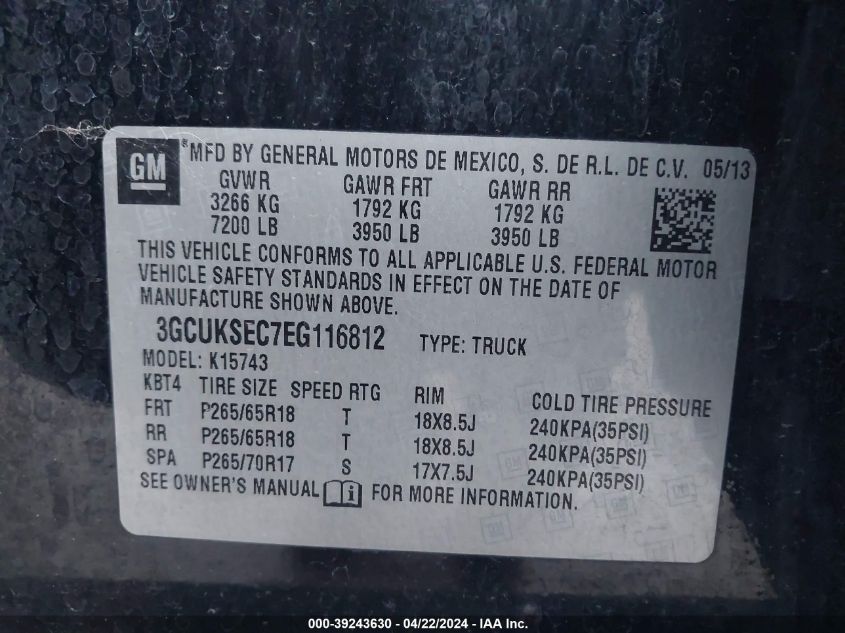 2014 Chevrolet Silverado 1500 2Lz VIN: 3GCUKSEC7EG116812 Lot: 39243630