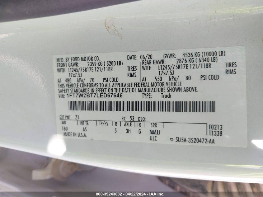 2020 Ford F-250 Xl VIN: 1FT7W2BT7LED67646 Lot: 39243632