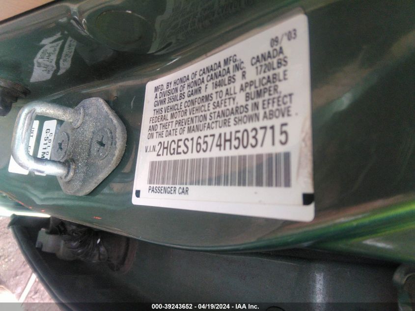 2004 Honda Civic Lx VIN: 2HGES16574H503715 Lot: 39243652