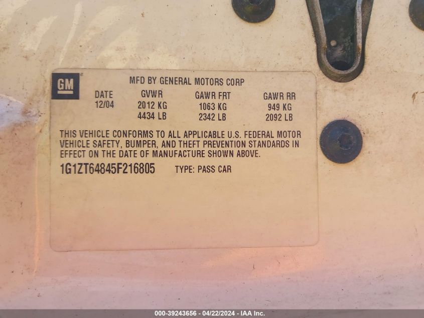 2005 Chevrolet Malibu Maxx Ls VIN: 1G1ZT64845F216805 Lot: 39243656
