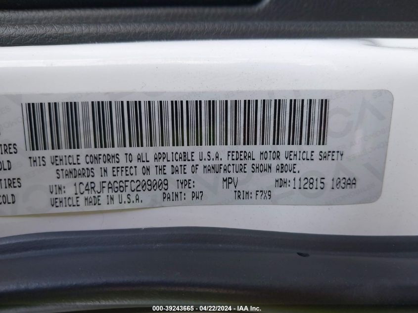 2015 Jeep Grand Cherokee Laredo VIN: 1C4RJFAG6FC209009 Lot: 39243665