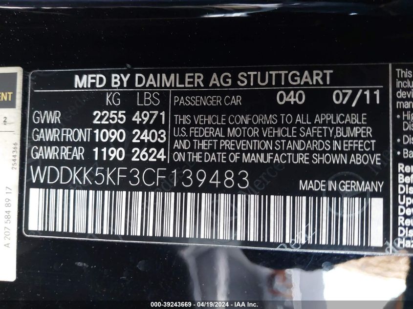 2012 Mercedes-Benz E 350 VIN: WDDKK5KF3CF139483 Lot: 39243669