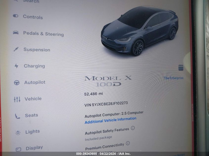 2018 Tesla Model X 100D/75D/P100D VIN: 5YJXCBE28JF102273 Lot: 39243685