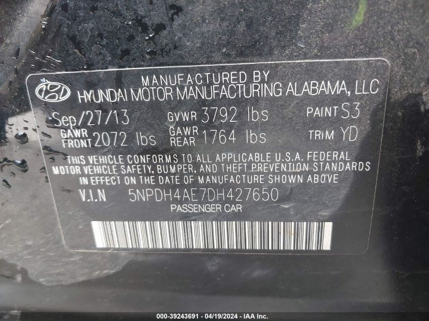 2013 Hyundai Elantra Gls VIN: 5NPDH4AE7DH427650 Lot: 39243691