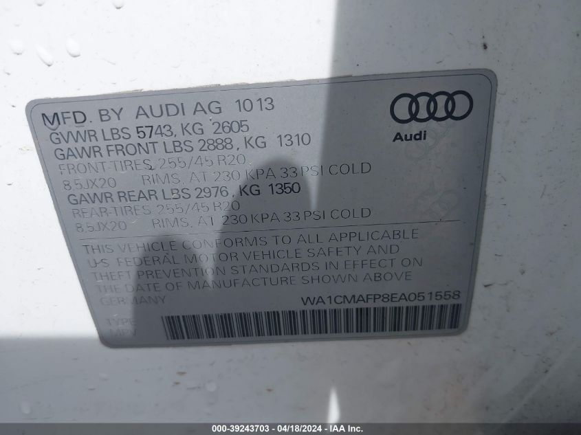 2014 Audi Q5 3.0 Tdi Premium Plus VIN: WA1CMAFP8EA051558 Lot: 39243703