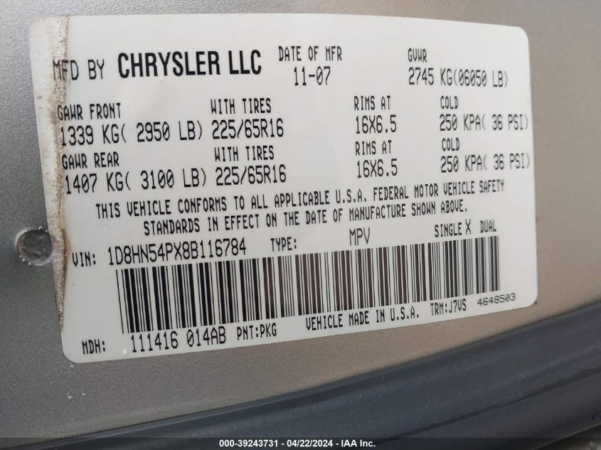 2008 Dodge Grand Caravan Sxt VIN: 1D8HN54PX8B116784 Lot: 39243731