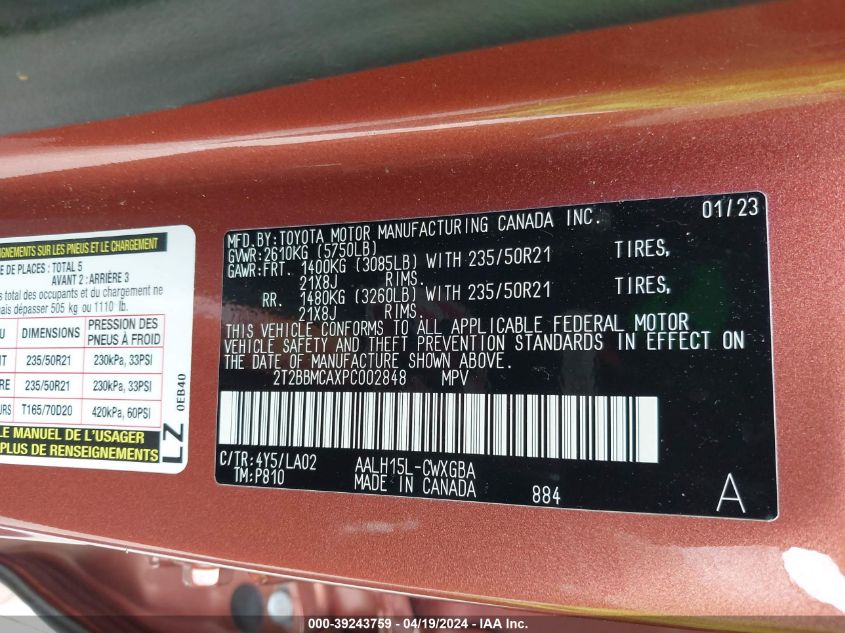 2023 Lexus Rx 350H Base VIN: 2T2BBMCAXPC002848 Lot: 39243759