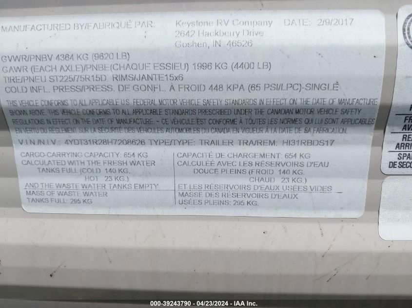 2017 Keystone Rv Other VIN: 4YDT31R28H7208626 Lot: 39243790