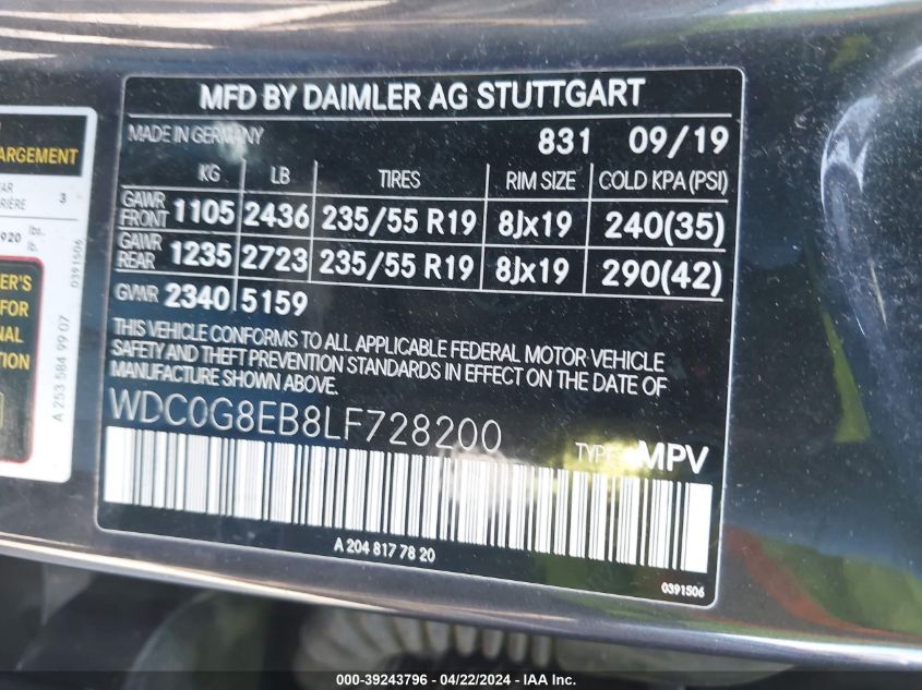 VIN WDC0G8EB8LF728200 2020 MERCEDES-BENZ GLC 300 4MATIC