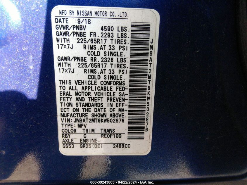 2019 Nissan Rogue Sv VIN: JN8AT2MT9KW502876 Lot: 39243803
