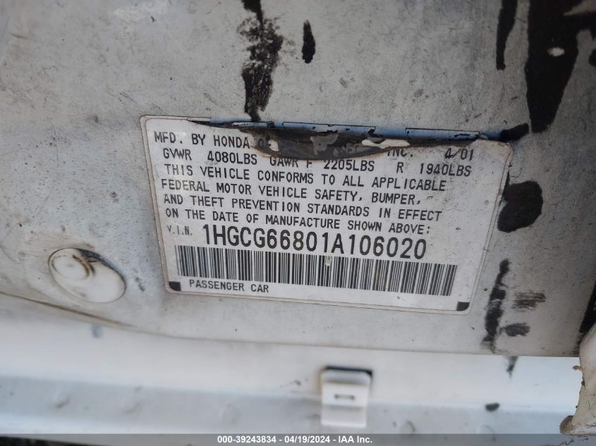 2001 Honda Accord 2.3 Ex VIN: 1HGCG66801A106020 Lot: 39243834