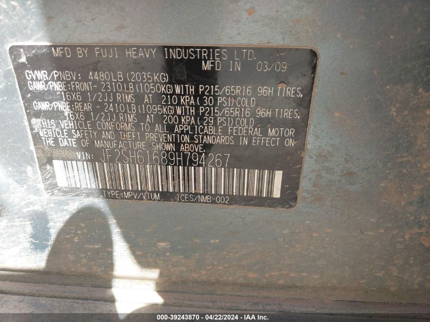 2009 Subaru Forester 2.5X VIN: JF2SH61689H794267 Lot: 39243870