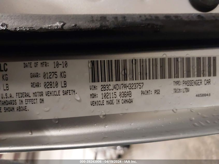 2010 Dodge Challenger Se VIN: 2B3CJ4DV7AH323757 Lot: 39243906