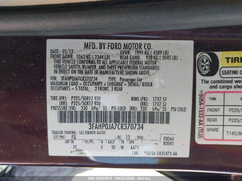 2012 Ford Fusion Sel VIN: 3FAHP0JA7CR370734 Lot: 50770484