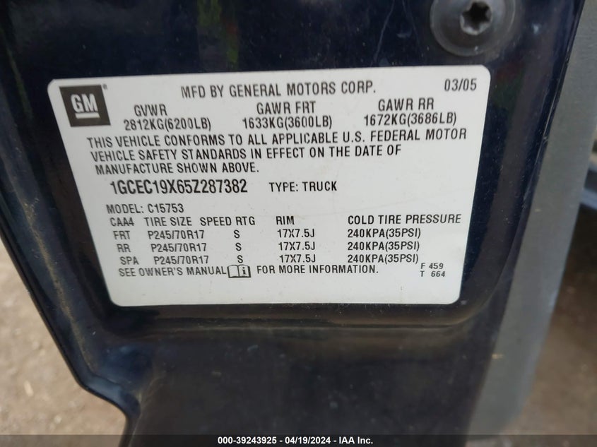 2005 Chevrolet Silverado 1500 Work Truck VIN: 1GCEC19X65Z287382 Lot: 39243925