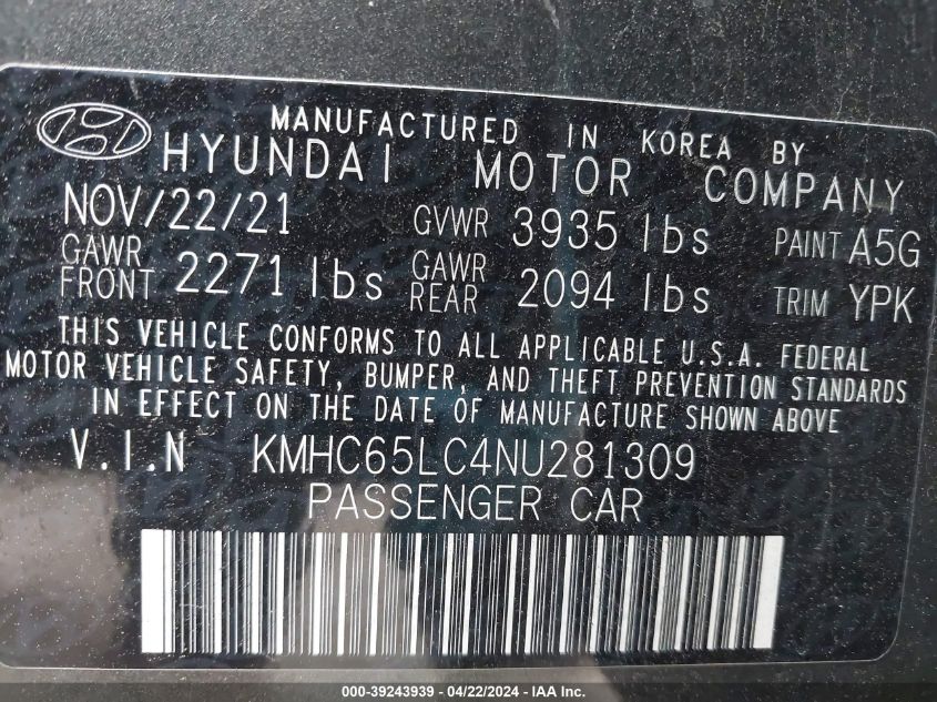 KMHC65LC4NU281309 2022 Hyundai Ioniq Hybrid Blue