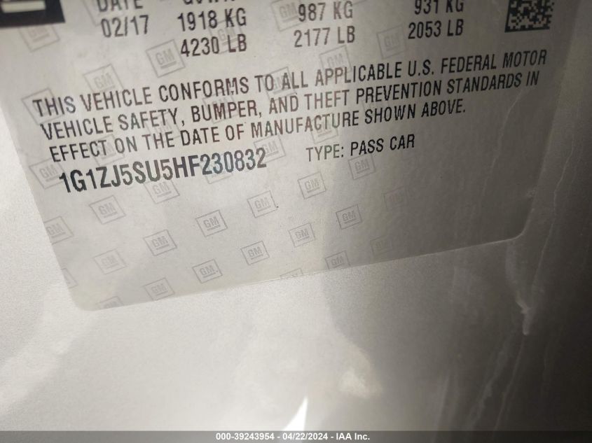 2017 Chevrolet Malibu Hybrid VIN: 1G1ZJ5SU5HF230832 Lot: 50840724