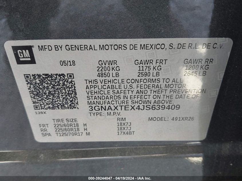 2018 Chevrolet Equinox Lt VIN: 3GNAXTEX4JS639409 Lot: 39244047