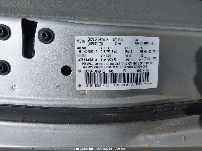 2004 Dodge Grand Caravan Se VIN: 1D4GP24R14B584159 Lot: 39244100