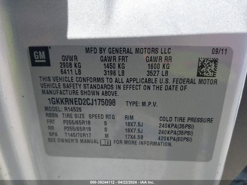 2012 GMC Acadia Sl VIN: 1GKKRNED2CJ175098 Lot: 46957994