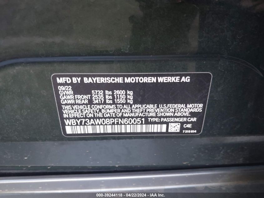 2023 BMW I4 Edrive40 VIN: WBY73AW08PFN60051 Lot: 48942074