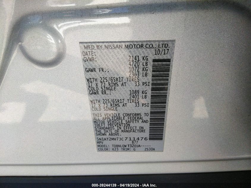 2018 Nissan Rogue Sv VIN: 5N1AT2MV7JC711476 Lot: 39244139