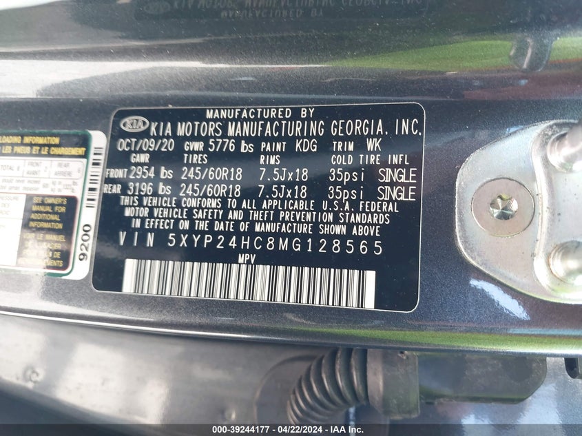 VIN 5XYP24HC8MG128565 2021 KIA TELLURIDE LX